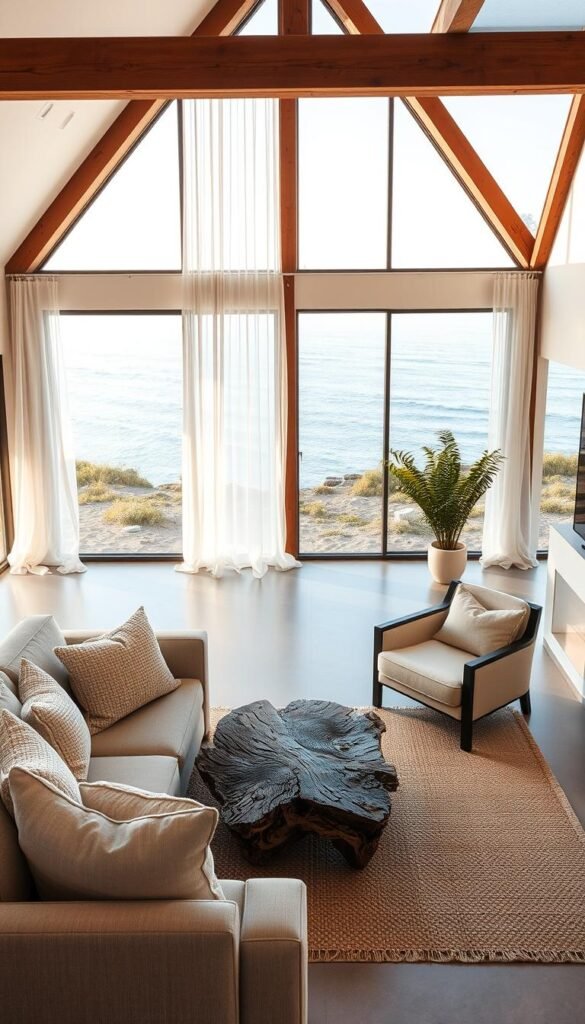 A modern coastal living room with airy, relaxed vibes. The scene features a spacious open-plan space bathed in warm, natural light. In the foreground, a plush, neutral-toned sectional sofa invites relaxation, adorned with cozy textured throw pillows. On the middle ground, a weathered driftwood coffee table and a linen-upholstered armchair create a casual, laid-back ambiance. The background showcases panoramic windows overlooking a serene seaside landscape, with wispy white curtains gently billowing in the breeze. Polished concrete floors, exposed wooden beams, and a minimalist white-and-gray color palette seamlessly blend modern and coastal design elements, evoking a sense of tranquility and sophistication.
