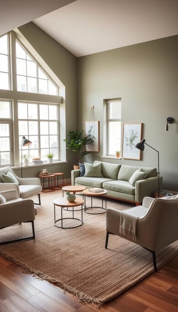 A modern, cozy living room with a warm, inviting atmosphere. The room is filled with natural light from large windows, casting a soft, diffused glow. The focal point is a sage green sofa, complemented by cream-colored accent chairs and a plush, textured area rug in earthy tones. Minimalist wood and metal coffee tables add a touch of industrial charm. Framed botanical prints and a delicate, hanging plant create a sense of natural tranquility. The walls are painted in a soothing, muted sage green, creating a cohesive, harmonious color scheme. Subtle lighting fixtures, such as floor lamps and wall sconces, illuminate the space, adding to the overall ambiance.