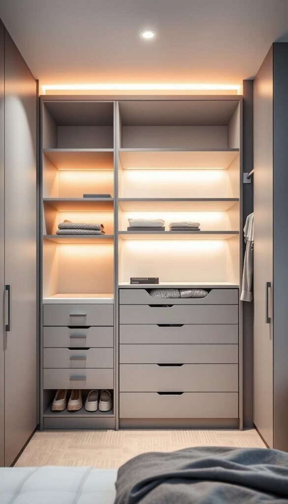 A modern, custom-built wardrobe system with ample, well-organized storage. Sleek, minimalist design in a soft grey tone, with a mix of open shelves and closed, recessed cabinets. Warm, indirect lighting illuminates the interior, casting a cozy glow. The layout is optimized to maximize every inch of space, featuring pull-out drawers, adjustable hanging rods, and specialized compartments for shoes, accessories, and folded items. The wardrobe is seamlessly integrated into the bedroom's clean, contemporary aesthetic, creating a harmonious, functional space.