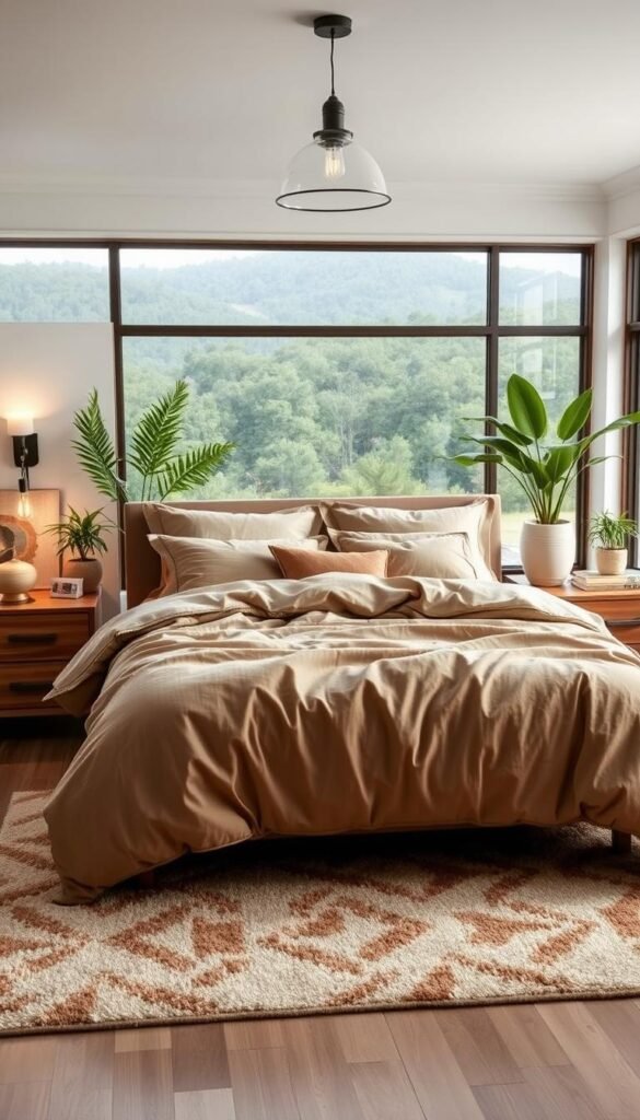 A modern, earthy bedroom with natural textures and soothing tones. A spacious layout with a large queen-sized bed draped in lush, organic bedding in shades of beige, brown, and olive green. Wooden nightstands and dresser in a warm, rustic finish flank the bed, complemented by a plush area rug and potted plants adding pops of greenery. Soft, indirect lighting from sconces and a minimalist pendant fixture overhead create a cozy, relaxing ambiance. Large windows frame a serene, natural landscape, blending the indoor and outdoor environments. The overall design exudes a harmonious, eco-friendly aesthetic perfect for a DIY bedroom makeover.
