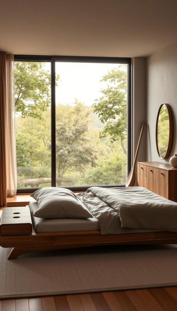 A modern, earthy-toned bedroom in 2026, showcasing trending furniture. In the foreground, a low-profile, sustainably-sourced wooden bed frame with natural linen bedding. Beside it, a pair of minimalist, handcrafted wooden nightstands with curved edges and integrated task lighting. In the middle ground, a large, floor-to-ceiling window overlooking a lush, greenery-filled landscape, bathing the room in warm, diffused natural light. In the background, a wooden dresser with clean lines and rounded handles, complemented by a freestanding, sculptural mirror in a muted metallic finish. The overall atmosphere is one of calm, organic elegance, reflecting the harmony between nature and modern design.
