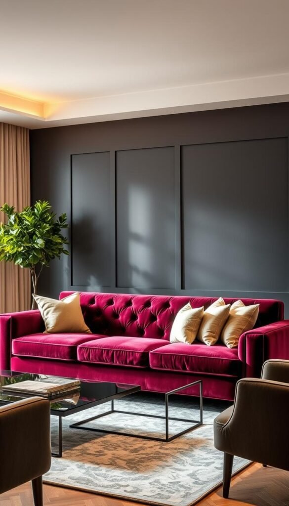 A modern, elegant living room featuring a striking statement sofa as the focal point. The sofa stands tall and proud, upholstered in a rich, jewel-toned velvet fabric that commands attention. Soft, warm lighting illuminates the space, creating a cozy and inviting atmosphere. The sofa is positioned against a feature wall, painted in a deep, sophisticated color that complements the sofa's hue. Surrounding the sofa are carefully curated decor elements, including plush throw pillows, a sleek coffee table, and a lush, green potted plant that adds a touch of nature. The overall composition creates a harmonious and visually striking scene that showcases the statement sofa as the centerpiece of the living room.