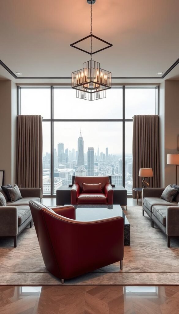 A modern, elegant living room showcasing statement furniture pieces. In the foreground, a striking centerpiece - a sculptural, high-backed armchair in rich, burgundy leather. Its form commands attention, evoking a sense of sophistication. Flanking it, a pair of sleek, low-slung sofas in a muted gray tone, their clean lines offering a beautiful contrast. In the middle ground, a minimalist coffee table made of polished, black marble, its reflective surface adding depth. Overhead, a contemporary, geometric chandelier casts a warm, ambient glow, illuminating the space. The background features floor-to-ceiling windows, framing a city skyline in the distance, adding an air of luxury and exclusivity.