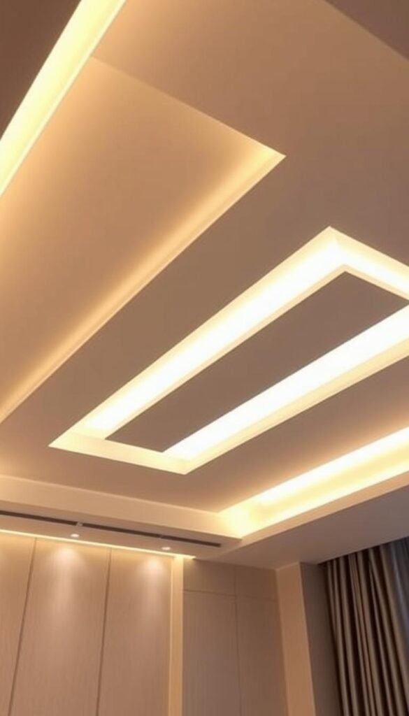 A modern, elegantly designed bedroom ceiling with a sleek, minimalist aesthetic. The ceiling features a recessed lighting system that bathes the room in a warm, ambient glow, creating a cozy and inviting atmosphere. The lighting is arranged in a symmetrical, geometric pattern, adding visual interest and a sense of balance to the space. The ceiling's smooth, seamless surface is accentuated by subtle, recessed panel details that add depth and texture, reflecting the luxurious and sophisticated vibe of the bedroom. The neutral color palette, complemented by the warm lighting, creates a calming and serene environment, perfect for a restful night's sleep.