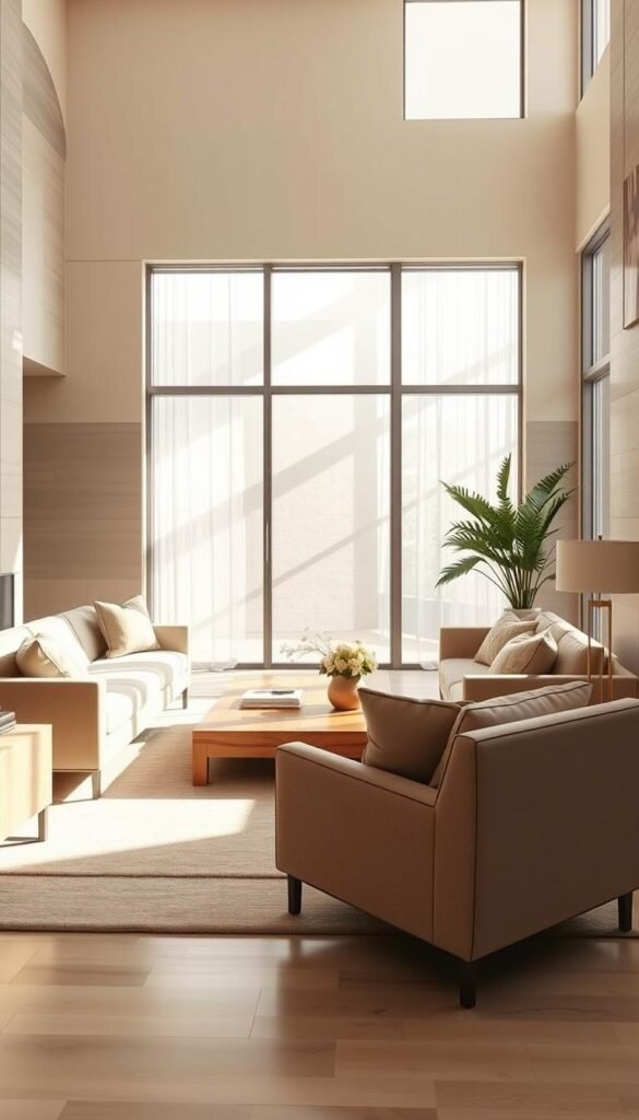 A modern, elegantly furnished living room with a cohesive neutral color palette. Soft, natural light filters through large windows, casting a warm glow on the space. Plush, neutral-toned sofas and armchairs are arranged in a cozy conversation area, complemented by a solid wood coffee table and minimalist decor. Textured wall paneling and a neutral-toned area rug ground the scene, while subtle metallic accents add a touch of sophistication. The overall atmosphere is one of calm, refined sophistication, perfectly suited for an elegant living space. A modern, elegantly furnished living room with a cohesive neutral color palette. Soft, natural light filters through large windows, casting a warm glow on the space. Plush, neutral-toned sofas and armchairs are arranged in a cozy conversation area, complemented by a solid wood coffee table and minimalist decor. Textured wall paneling and a neutral-toned area rug ground the scene, while subtle metallic accents add a touch of sophistication. The overall atmosphere is one of calm, refined sophistication, perfectly suited for an elegant living space.