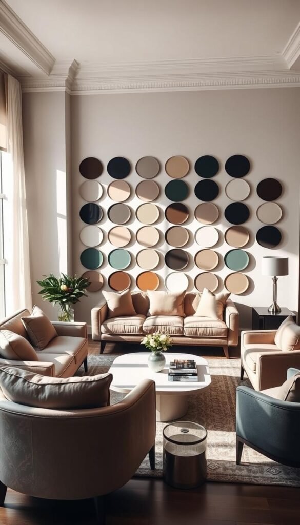 A modern, elegantly furnished living room with a focus on the importance of paint color selection. The room features a plush, neutral-toned sofa and accent chairs, complemented by a sleek, minimalist coffee table. The walls are adorned with a variety of paint color samples, displayed in a visually striking arrangement, each swatch illuminated by soft, directional lighting that casts subtle shadows. The overall atmosphere conveys a sense of refinement and thoughtfulness, emphasizing the crucial role that paint color plays in curating a harmonious and visually captivating living space.