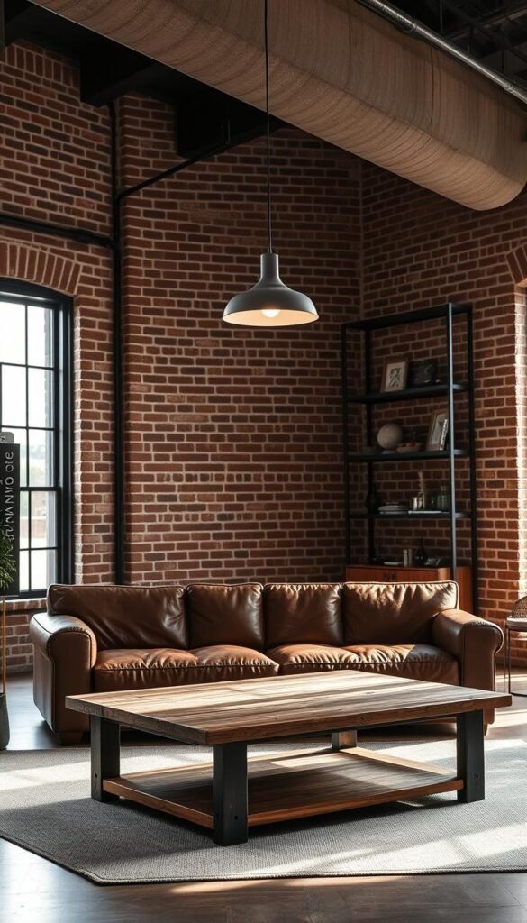A modern industrial living room with exposed brick walls, showcasing a warm and inviting atmosphere. The foreground features a cozy seating arrangement with a plush leather sofa and a rustic wooden coffee table. The middle ground displays a minimalist lighting fixture, casting a soft, ambient glow. In the background, the textured brick walls create a striking contrast, complemented by industrial-style shelving units displaying decorative accents. The scene is illuminated by natural light streaming in through large windows, lending an airy and open feel to the space. The overall mood is one of urban sophistication and refined minimalism.