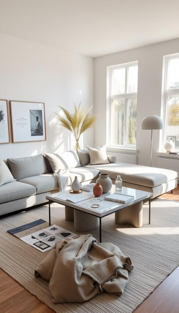 A modern, light-filled living room with a muted color palette. Soft white walls, a plush gray sectional, and a marble coffee table set the stage. Curated decor pieces like artful vases, a sleek floor lamp, and a textured area rug create a polished, yet inviting atmosphere. Sunlight streams in through large windows, casting a warm, golden glow. Mood boards, design sketches, and fabric samples are scattered across the coffee table, reflecting the planning process for this living room transformation. The overall scene conveys a sense of calm, creativity, and refined style.