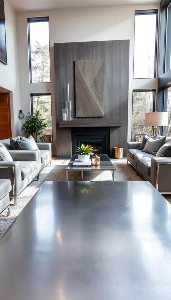 A modern living room filled with a harmonious blend of metallic tones. In the foreground, a sleek silver coffee table reflects the soft, ambient lighting, creating a subtle shimmer. Surrounding it, plush silver-grey upholstered furniture, punctuated by accents of polished chrome and brushed nickel. The middle ground features a striking, angular fireplace mantel in dark gunmetal, complemented by a minimalist geometric wall art piece in muted bronze. The background showcases large windows, allowing natural light to flood the space and highlight the interplay of metallic finishes. The overall atmosphere is one of sophisticated elegance, where the varied metals create a refined, cohesive, and visually striking living environment. A modern living room filled with a harmonious blend of metallic tones. In the foreground, a sleek silver coffee table reflects the soft, ambient lighting, creating a subtle shimmer. Surrounding it, plush silver-grey upholstered furniture, punctuated by accents of polished chrome and brushed nickel. The middle ground features a striking, angular fireplace mantel in dark gunmetal, complemented by a minimalist geometric wall art piece in muted bronze. The background showcases large windows, allowing natural light to flood the space and highlight the interplay of metallic finishes. The overall atmosphere is one of sophisticated elegance, where the varied metals create a refined, cohesive, and visually striking living environment.