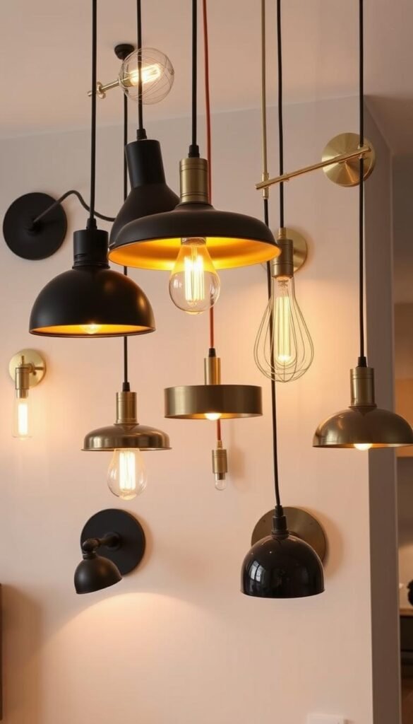 A modern living room with a curated mix of metal light fixtures in a variety of finishes, including brushed brass, matte black, and polished chrome. The fixtures are arranged in a dynamic, asymmetrical layout, casting a warm, inviting glow across the space. The lighting is focused on creating depth and texture, with some fixtures mounted on the walls, others suspended from the ceiling. The room has a neutral color palette, allowing the metallic accents to take center stage and add a touch of sophistication. The overall atmosphere is one of refined elegance and carefully considered design.