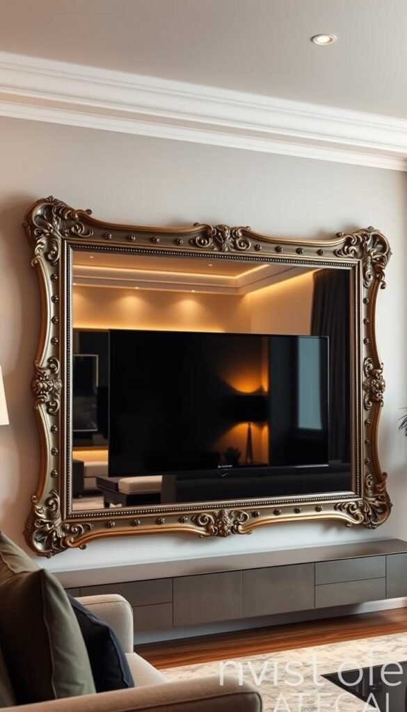 A modern living room with a sleek and minimalist TV mounted on the wall, seamlessly integrated into a large, ornate mirror frame. The mirror's surface reflects the room's warm lighting, creating a sense of depth and elegance. The TV's display is seamless, blending effortlessly into the mirror's design. The room is bathed in a soft, cozy glow, with subtle ambient lighting accenting the mirror's intricate details. The overall impression is one of a sophisticated and harmonious fusion of technology and traditional design elements, creating a visually striking and functional focal point for the room.