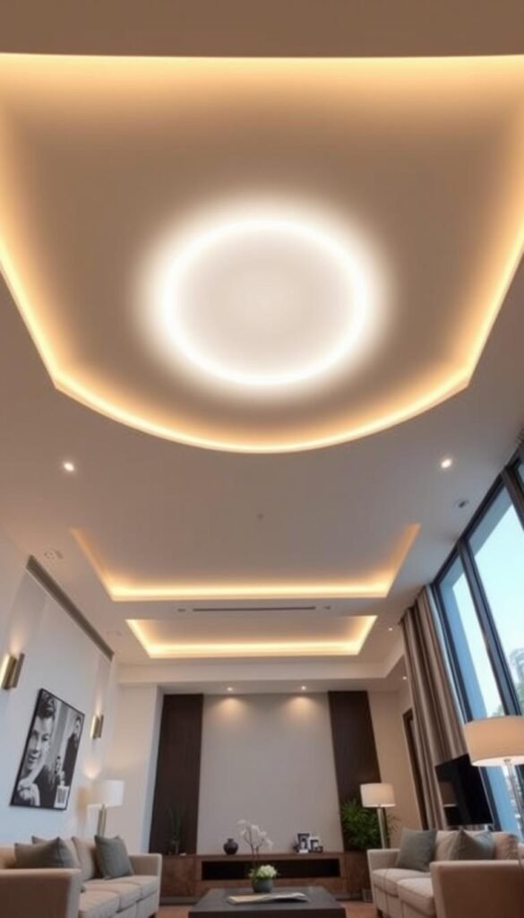 A modern living room with a sleek, integrated LED lighting pop ceiling design. The ceiling features a recessed perimeter lighting system that casts a warm, ambient glow across the space, creating a cozy and inviting atmosphere. The central design element is a large, circular LED panel in the center, emitting a soft, diffused light that illuminates the room with a touch of elegance. The LED lights are seamlessly incorporated into the ceiling's smooth, minimalist aesthetic, enhancing the overall contemporary look and feel of the space. Indirect lighting from wall sconces and floor lamps add depth and dimension, while large windows allow natural light to filter in, creating a harmonious balance between artificial and natural illumination.