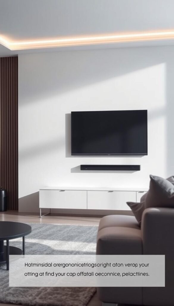 A modern living room with a sleek, minimalist TV unit set at the optimal ergonomic viewing height. The TV is positioned at eye level, creating a comfortable and immersive viewing experience. Soft, diffused lighting illuminates the space, enhancing the luxurious ambiance. The room is bathed in neutral tones, with clean lines and subtle textures, allowing the focal point - the TV - to take center stage. The layout is carefully designed to minimize neck strain and maximize visual comfort, ensuring the viewer can enjoy their entertainment in complete relaxation. A modern living room with a sleek, minimalist TV unit set at the optimal ergonomic viewing height. The TV is positioned at eye level, creating a comfortable and immersive viewing experience. Soft, diffused lighting illuminates the space, enhancing the luxurious ambiance. The room is bathed in neutral tones, with clean lines and subtle textures, allowing the focal point - the TV - to take center stage. The layout is carefully designed to minimize neck strain and maximize visual comfort, ensuring the viewer can enjoy their entertainment in complete relaxation.