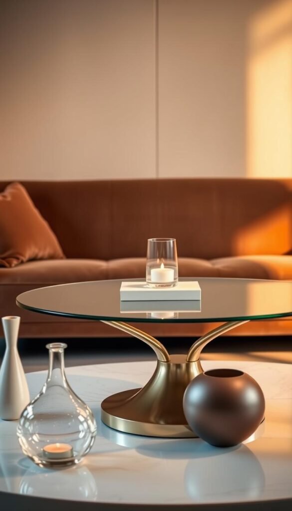 A modern, luxurious center table design, meticulously crafted with premium materials. The table features a sleek, tempered glass top resting on a polished metal base, adorned with subtle geometric patterns. Soft, warm lighting gently illuminates the space, creating an inviting and sophisticated ambiance. In the foreground, a selection of elegant, minimalist decor pieces - a sculptural vase, a book, and a floating candle arrangement - complement the table's refined aesthetic. The middle ground showcases a plush, velvet-upholstered sofa in a deep, earthy tone, while the background depicts a neutral-toned, textured wall, adding depth and dimension to the overall scene.
