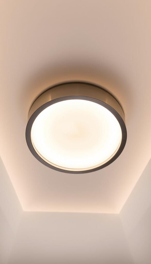 A modern, luxurious flush mount ceiling lighting fixture, illuminating the space with a soft, ambient glow. The design features a sleek, brushed metal frame with a circular profile, seamlessly integrated into the ceiling. The glass diffuser softens the light, creating a warm and inviting atmosphere. The fixture is positioned centrally, casting an even, subtle radiance that elevates the room's elegance. The ceiling is made of smooth, white plaster, accentuating the minimalist and sophisticated aesthetic. The lighting subtly draws the eye upwards, drawing attention to the architectural details and creating a sense of refined, understated luxury.