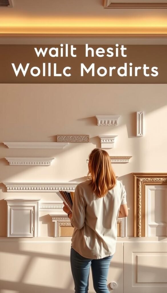 A modern, luxurious interior with an assortment of decorative wall molding styles displayed against a neutral backdrop. In the foreground, a woman stands contemplatively, examining various molding samples held in her hands. The middle ground showcases a selection of molding profiles - from classic crown molding to contemporary linear trims, each casting soft shadows that accentuate their intricate designs. The background features a clean, minimalist wall with neutral tones, allowing the molding options to take center stage. Warm, diffused lighting softly illuminates the scene, creating a serene and inviting atmosphere to showcase the perfect molding style for this room.