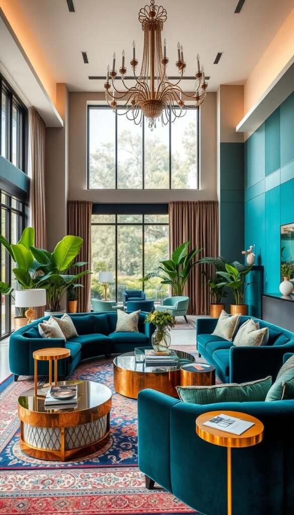 A modern, luxurious living room awash in vibrant hues and elegant furnishings. Plush velvet couches in jewel-toned blues and greens, accented by golden metallic side tables and a statement chandelier overhead. Patterned area rugs and lush potted plants add layers of texture, while floor-to-ceiling windows flood the space with natural light. The walls are painted in a sophisticated neutral tone, allowing the vibrant decor to take center stage. The overall atmosphere is one of refined opulence and timeless sophistication, redefining the boundaries of luxury living room design.