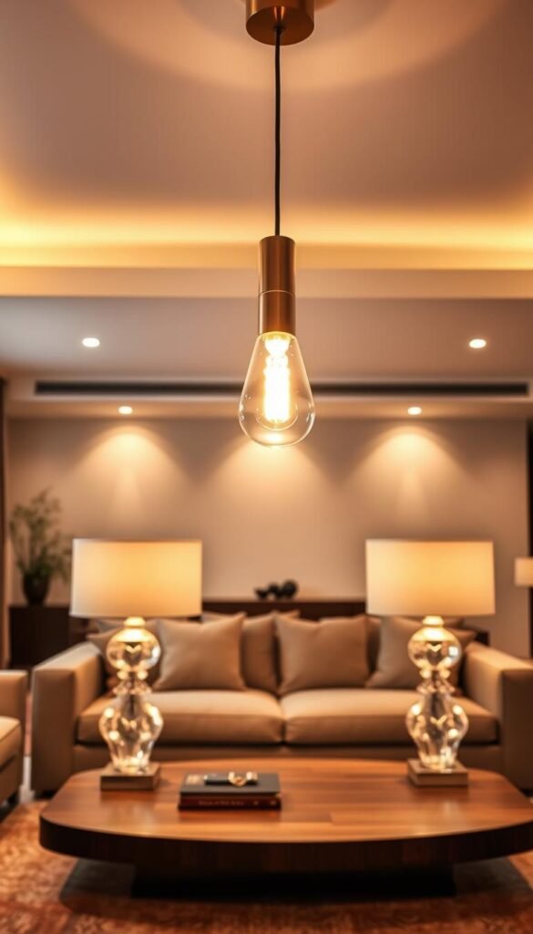 A modern, luxurious living room bathed in warm, atmospheric lighting. In the foreground, a sleek, minimalist pendant light with a brass finish casts a soft, glowing radiance over the space. In the middle ground, a pair of sculptural table lamps with crystal bases illuminate the surfaces of a low, wooden coffee table. In the background, recessed ceiling lights create a subtle, ambient glow, complementing the statement lighting pieces. The overall mood is one of sophistication and refined elegance, elevating the living room into a true sanctuary of comfort and style.