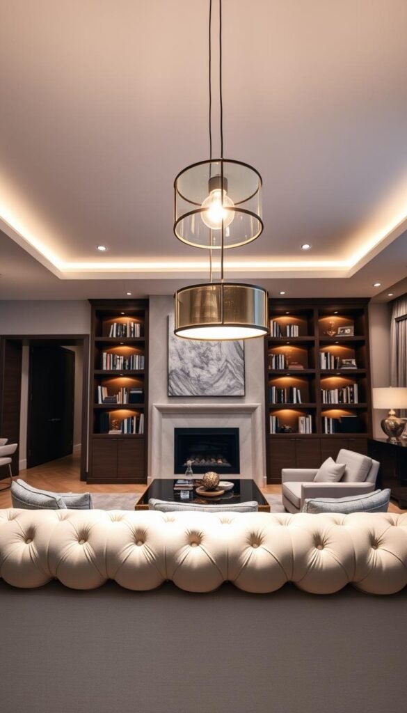 A modern, luxurious living room with a carefully curated layered lighting design. In the foreground, a statement pendant light casts a warm, ambient glow, illuminating the plush, tufted sofa and matching armchairs. In the middle ground, sleek recessed spotlights highlight the intricate architectural details of the room, drawing the eye to the elegant fireplace and bookshelves. In the background, soft cove lighting along the ceiling perimeter creates a subtle, atmospheric illumination, enveloping the space in a cozy, inviting ambiance. The lighting is balanced, creating depth and visual interest, while seamlessly blending form and function for a refined, sophisticated aesthetic.