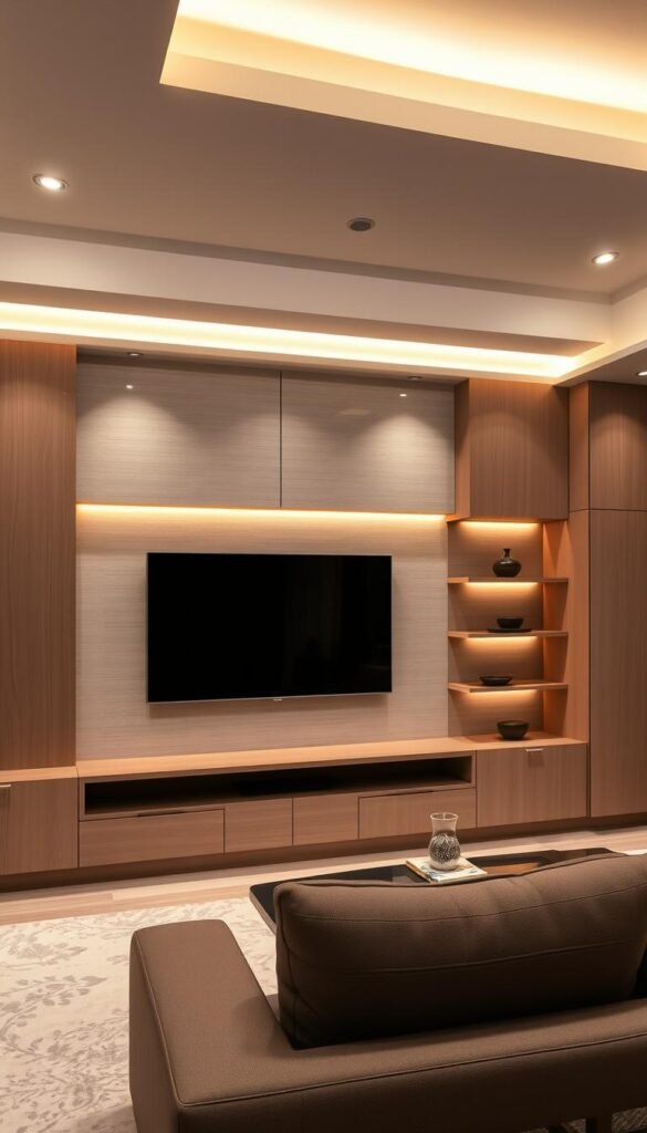 A modern, luxurious living room with a cohesive TV wall integration. A clean, minimalist TV unit, seamlessly integrated into the wall, acts as the focal point. Warm, indirect lighting from recessed ceiling fixtures casts a soft, cozy glow. The TV is surrounded by neutral-toned, textured wall panels that blend effortlessly. Sleek, built-in shelves and cabinets flank the TV, providing storage and display space. The overall design creates a harmonious, streamlined look, where the technology is elegantly incorporated into the living space. A modern, luxurious living room with a cohesive TV wall integration. A clean, minimalist TV unit, seamlessly integrated into the wall, acts as the focal point. Warm, indirect lighting from recessed ceiling fixtures casts a soft, cozy glow. The TV is surrounded by neutral-toned, textured wall panels that blend effortlessly. Sleek, built-in shelves and cabinets flank the TV, providing storage and display space. The overall design creates a harmonious, streamlined look, where the technology is elegantly incorporated into the living space.