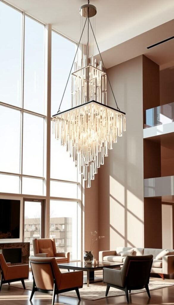 A modern, luxurious living room with a stunning chandelier as the centerpiece. The chandelier is a sleek, angular design with cascading glass or crystal elements that catch the light, creating a mesmerizing, ambient glow. The room features minimalist, mid-century inspired furnishings in warm, neutral tones that complement the chandelier's contemporary aesthetic. Large windows flood the space with natural light, casting dynamic shadows and highlights across the scene. The overall mood is one of sophistication, elegance, and a touch of modern glamour. A modern, luxurious living room with a stunning chandelier as the centerpiece. The chandelier is a sleek, angular design with cascading glass or crystal elements that catch the light, creating a mesmerizing, ambient glow. The room features minimalist, mid-century inspired furnishings in warm, neutral tones that complement the chandelier's contemporary aesthetic. Large windows flood the space with natural light, casting dynamic shadows and highlights across the scene. The overall mood is one of sophistication, elegance, and a touch of modern glamour.