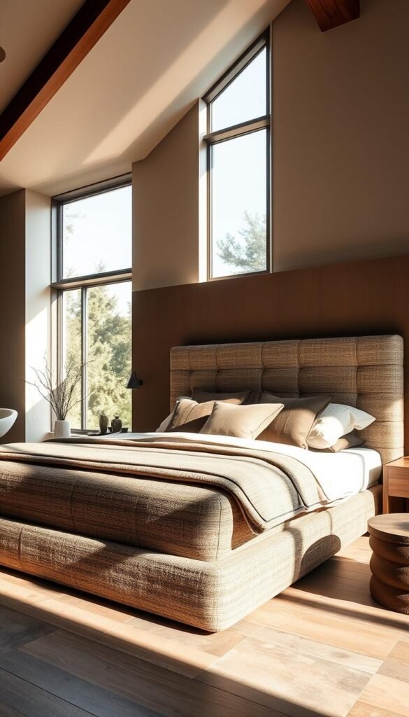 A modern, luxurious upholstered bed with organic textures stands prominently in a serene, well-lit bedroom. The deep, plush headboard is covered in a rich, textured fabric that evokes natural elements, such as woven fibers or soft leather. Accent pillows in neutral tones and natural materials, like linen or wool, add depth and visual interest. Warm, gentle lighting filters in through large windows, casting a soft, cozy glow on the scene. The bed is situated on a natural wood or stone floor, further reinforcing the organic theme. Subtle, minimalist decor complements the focal point, creating a sense of peaceful, sophisticated living.