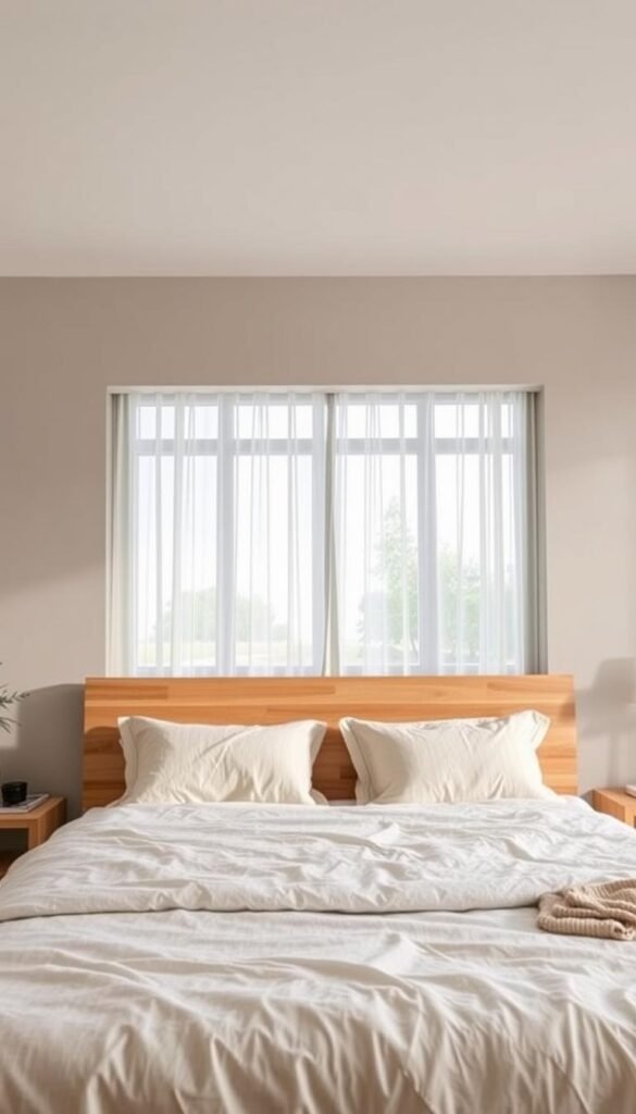 A modern, minimalist bedroom setting with a focus on a DIY headboard design. In the foreground, a simple yet elegant wooden headboard with clean lines and a natural finish, complemented by soft bedding and pillows. The middle ground features a large window with sheer curtains, allowing natural light to filter in and create a calming ambiance. In the background, a neutral-toned wall serves as a blank canvas, highlighting the craftsmanship of the DIY headboard. The scene is captured using a wide-angle lens, emphasizing the overall harmony of the space. The lighting is soft and diffused, creating a warm, inviting atmosphere, perfect for a weekend bedroom makeover.
