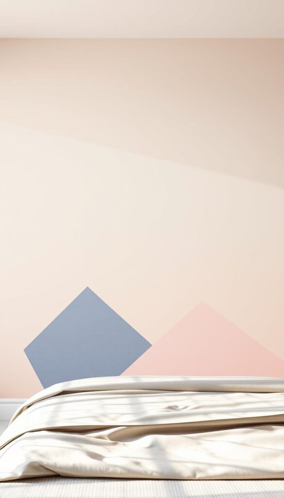 A modern, minimalist bedroom wall with an elegant color psychology-inspired wallpaper design. The background features a soft, pastel gradient that transitions from warm to cool tones, evoking a sense of tranquility and balance. In the foreground, abstract geometric shapes in complementary hues are arranged in a harmonious pattern, creating a visually striking and calming composition. The lighting is natural, with soft, diffused illumination highlighting the textural quality of the wallpaper. The overall atmosphere is one of sophistication, serenity, and timeless design.