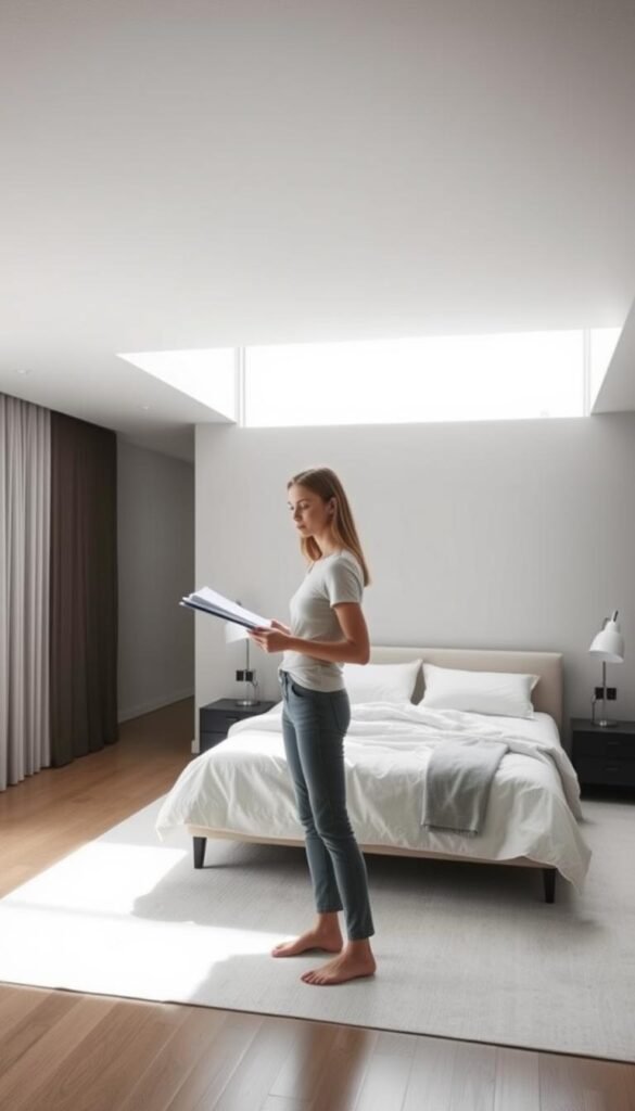 A modern, minimalist bedroom with a monochromatic color scheme. In the foreground, a person stands in contemplation, considering fabric swatches and paint samples, their expression focused as they decide on the dominant color. The middle ground features a clean-lined bed with crisp white linens, accented by a large window flooding the room with soft, natural light. In the background, a neutral-toned wall acts as a blank canvas, ready to be transformed by the chosen hue. The lighting is diffused and atmospheric, creating a serene, calming ambiance. The overall mood is one of simplicity, functionality, and timeless elegance.