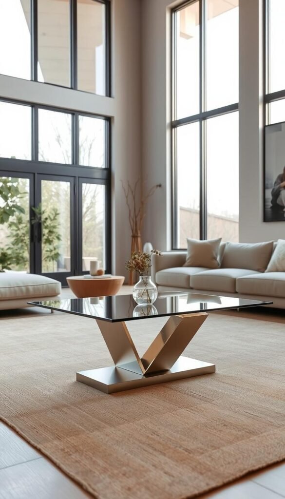 A modern, minimalist coffee table design with a sleek glass top and a simple, geometric base made of polished metal or solid wood. The table is placed in a well-lit, open-concept living room with large windows, allowing natural light to flood the space. The room is decorated with warm, earthy tones and natural textures, creating a serene and inviting atmosphere. The coffee table is the focal point, its clean lines and understated elegance complementing the overall contemporary aesthetic of the living room.