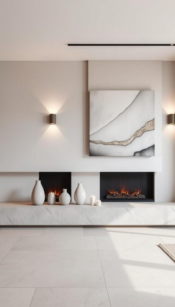 A modern, minimalist fireplace wall showcasing a neutral color palette. In the foreground, clean lines and natural materials like stone or concrete create a minimalist, contemporary aesthetic. In the middle ground, a carefully curated arrangement of vases, candles, and simple decorative elements add visual interest without clutter. The background features a soothing, muted color scheme, perhaps with a textured accent wall or a large, abstract artwork, bathed in soft, natural lighting from strategically placed windows or sconces. The overall atmosphere conveys a sense of tranquility, elegance, and timeless style, perfect for a modern living space.