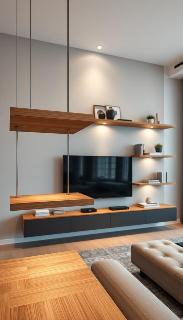 A modern, minimalist living room with a sleek TV wall design. In the foreground, floating wood shelves in a warm natural finish are elegantly suspended, providing ample storage space for decor, books, and media components. The shelves have a subtle, floating effect, creating an impression of lightness and sophistication. In the middle ground, a muted, neutral color palette with hints of gray and beige creates a calming, serene atmosphere. Soft, indirect lighting emanates from hidden sources, casting a warm, flattering glow on the shelves and surrounding decor. The background features clean, geometric architectural elements, emphasizing the room's contemporary aesthetic. The overall mood is one of understated luxury and effortless style. A modern, minimalist living room with a sleek TV wall design. In the foreground, floating wood shelves in a warm natural finish are elegantly suspended, providing ample storage space for decor, books, and media components. The shelves have a subtle, floating effect, creating an impression of lightness and sophistication. In the middle ground, a muted, neutral color palette with hints of gray and beige creates a calming, serene atmosphere. Soft, indirect lighting emanates from hidden sources, casting a warm, flattering glow on the shelves and surrounding decor. The background features clean, geometric architectural elements, emphasizing the room's contemporary aesthetic. The overall mood is one of understated luxury and effortless style.