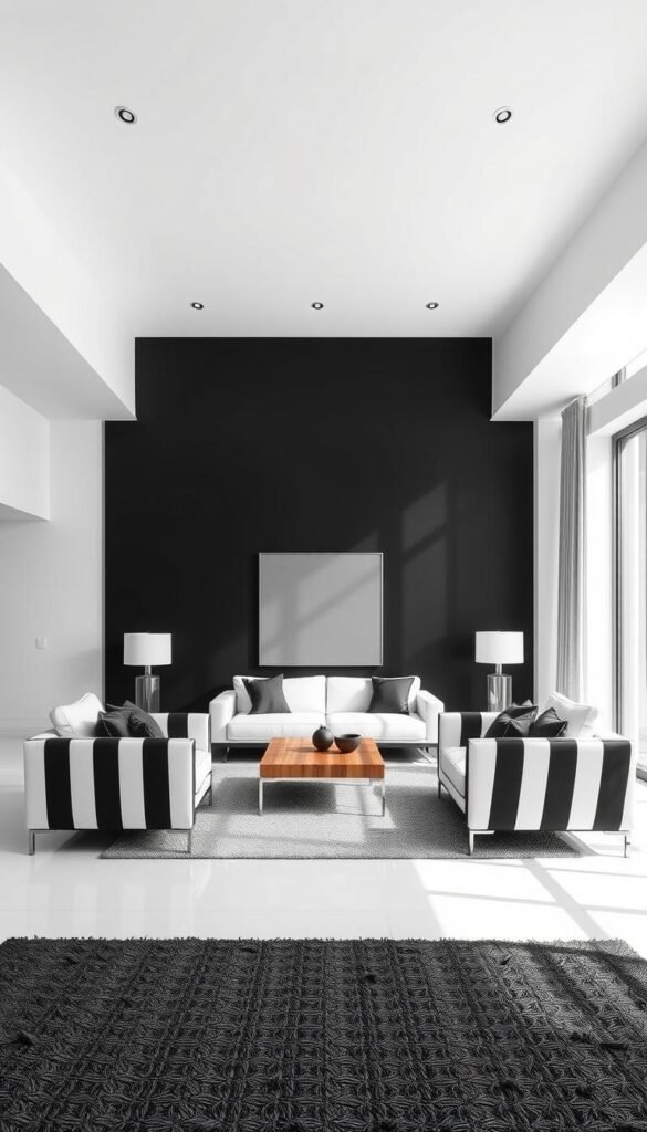 A modern, minimalist living room with a striking black and white color scheme. The room is bathed in soft, natural light filtering through large windows, highlighting the sleek, geometric furniture and clean, uncluttered lines. The focal point is a bold, black accent wall that contrasts beautifully with the pristine white walls and ceiling. Complementing this are a plush, white sofa and black-and-white striped armchair, arranged symmetrically to create a harmonious, balanced composition. Subtle pops of texture, such as a textured black rug and a wooden coffee table, add depth and visual interest to the space. The overall atmosphere is one of timeless sophistication and serene elegance.