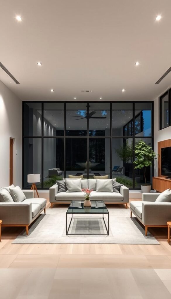 A modern, minimalist living room with low-profile, streamlined furniture that preserves clear sightlines. In the foreground, a low-profile sofa and armchair in neutral tones, their clean lines and low silhouettes creating an airy, open feel. In the middle ground, a minimalist coffee table with a glass top, allowing visual flow through the space. Indirect lighting from recessed ceiling fixtures casts a warm, ambient glow, illuminating the room's neutral color palette of whites, grays, and natural wood tones. The background features large, unobstructed windows, bringing in abundant natural light and a seamless connection to the outdoors. An atmosphere of simplicity, functionality, and an uncluttered, spacious ambiance.