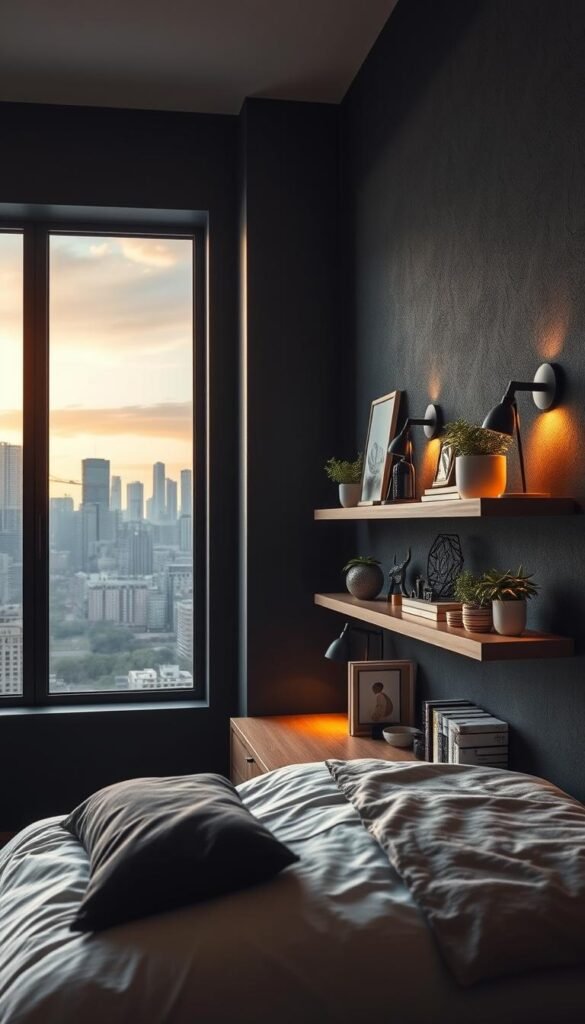 A modern, minimalist statement wall design feature in a teen boy's bedroom, bathed in warm, ambient lighting from a large window overlooking a city skyline. The wall is covered in textured, matte black paint, creating a dramatic, moody backdrop. A sleek, floating shelf runs the length of the wall, displaying a curated collection of plants, books, and artful objects. The shelf is made of pale, natural wood, providing a subtle contrast to the dark wall. Carefully placed sconces illuminate the nooks and crannies, casting a soft, diffused glow across the space. The overall aesthetic is sophisticated, personal, and designed to inspire creativity and self-expression.