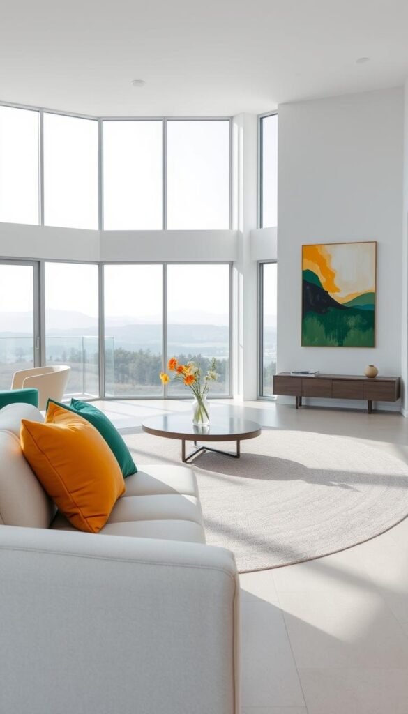 A modern, monochrome living room with carefully curated accent colors. The space is bathed in soft, natural light, creating a serene and inviting atmosphere. In the foreground, a sleek, minimalist sofa in a neutral tone serves as the foundation, while vibrant throw pillows in shades of emerald green and ochre yellow add pops of color. On the walls, abstract art pieces in complementary hues hang, drawing the eye and adding depth to the composition. The middle ground features a stylish, low-profile coffee table, with a vase of fresh flowers in a bold, contrasting color adding a touch of life. The background showcases floor-to-ceiling windows, allowing the natural landscape to seamlessly blend with the interior design, creating a harmonious and visually striking scene.