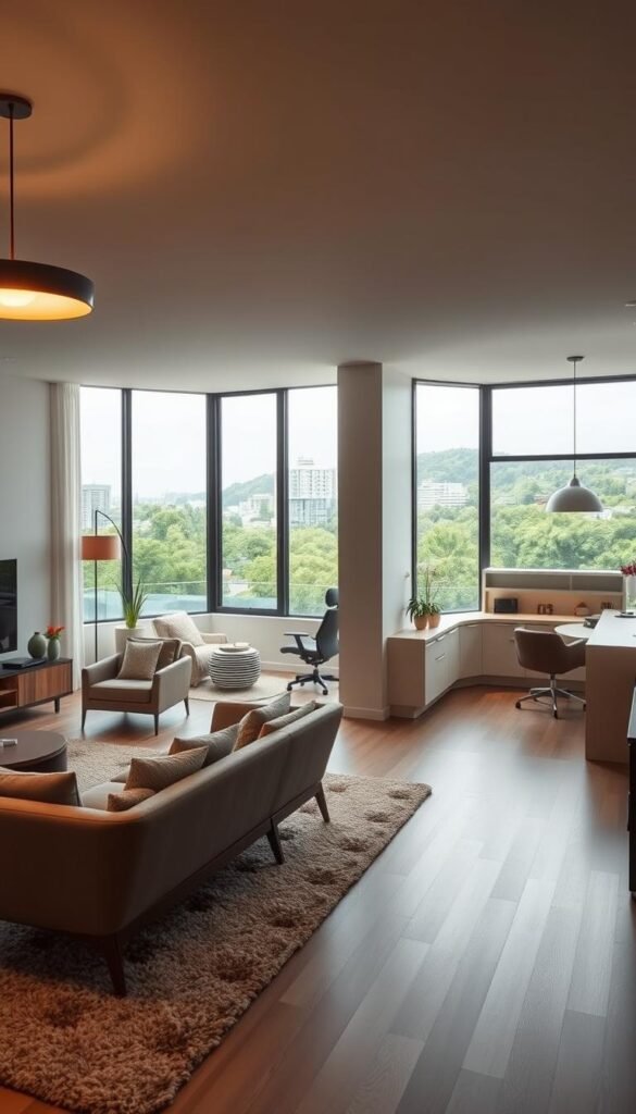 A modern, open-concept living space with distinct functional zones. In the foreground, a stylish seating area with mid-century modern furniture, plush area rug, and a statement light fixture casting a warm glow. The middle ground features a sleek, built-in home office setup, with a minimalist desk and ergonomic chair. In the background, a cozy dining nook with a contemporary pendant light and a large window overlooking a lush, urban landscape. The overall atmosphere is one of effortless elegance, with clean lines, neutral color palette, and carefully curated decor elements that seamlessly blend form and function. A modern, open-concept living space with distinct functional zones. In the foreground, a stylish seating area with mid-century modern furniture, plush area rug, and a statement light fixture casting a warm glow. The middle ground features a sleek, built-in home office setup, with a minimalist desk and ergonomic chair. In the background, a cozy dining nook with a contemporary pendant light and a large window overlooking a lush, urban landscape. The overall atmosphere is one of effortless elegance, with clean lines, neutral color palette, and carefully curated decor elements that seamlessly blend form and function.