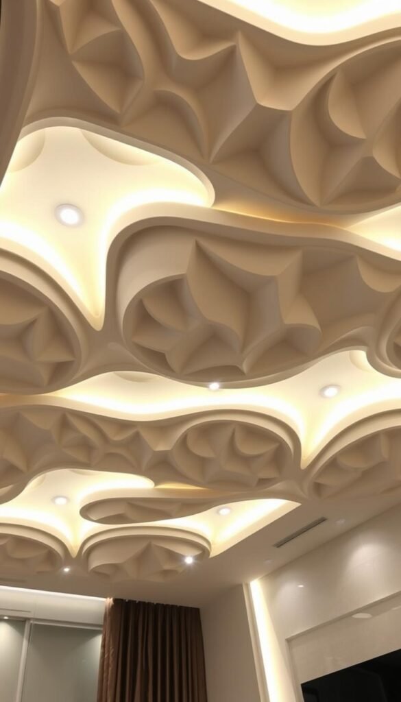 A modern pop ceiling design with intricate 3D patterns, featuring dramatic depth and lighting effects. Sleek, recessed LED lights illuminate the textured surface, casting soft, even illumination across the room. The design creates an illusion of depth, with layers of geometric shapes and shadows that draw the eye upward. The lighting is carefully angled to highlight the unique contours, producing a mesmerizing play of light and shadow. The overall effect is one of sophisticated elegance, transforming the living space into a captivating, light-filled oasis.