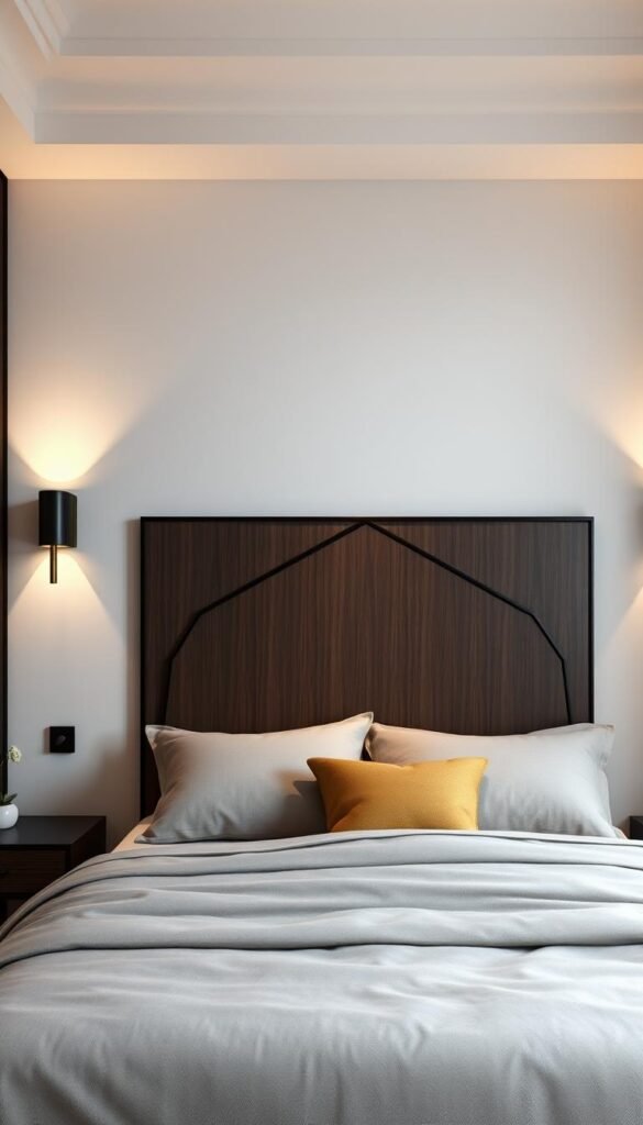 A modern, sleek, and sophisticated statement headboard design. A central, geometric headboard with clean lines and a minimalist aesthetic, made of dark wood or metal, anchoring a minimalist, masculine bedroom. Soft, warm lighting from wall-mounted sconces casting a gentle glow, creating a cozy and inviting atmosphere. The headboard stands out as the focal point, framed by neutral-toned bedding and textiles. Rendered in a realistic style with a slight cinematic flair, conveying an elevated, grown-up sensibility.