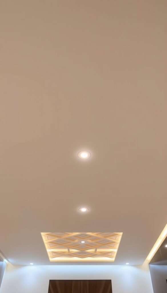 A modern, sleek gypsum board ceiling design with intricate geometric patterns and recessed lighting. The foreground features a clean, minimalist grid of recessed LED fixtures, casting a warm, ambient glow across the smooth, seamless gypsum board surface. In the middle ground, the ceiling design transitions into a more elaborate pattern of intersecting lines and angles, creating visual depth and interest. The background showcases a subtle, textural finish on the gypsum board, enhancing the overall sophisticated, high-end aesthetic. The lighting is balanced, with a soft, even illumination that accentuates the architectural elements. The entire scene conveys a sense of contemporary elegance and customized, bespoke design.