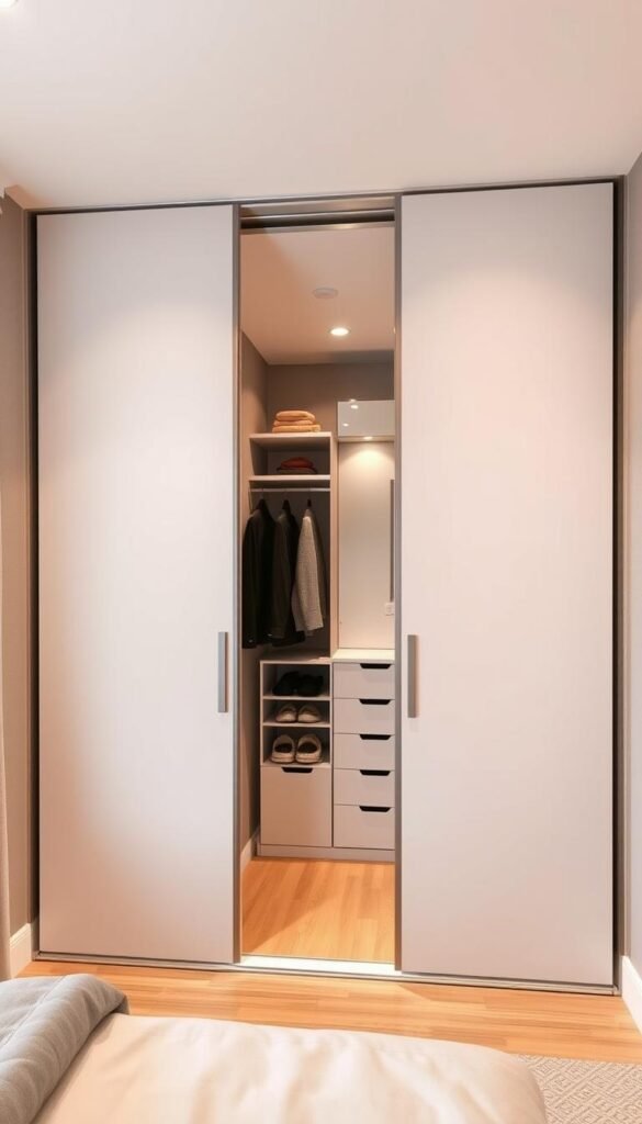 A modern, space-saving wardrobe solution fills a small bedroom. In the foreground, sliding doors with a sleek, minimalist design conceal an organized interior with ample storage space. The middle ground showcases a mix of shelving, drawers, and hanging rods, maximizing the available area. Indirect lighting from recessed fixtures casts a soft, warm glow, creating a cozy ambiance. The background features a neutral-toned wall, complementing the wardrobe's clean, contemporary aesthetic. This intelligent, customizable system optimizes the limited square footage, providing a practical and visually appealing storage solution for a small-space bedroom.