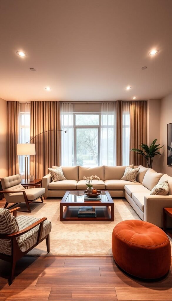 A modern, transitional living room with a balanced and functional layout. The space features a plush, L-shaped sectional sofa in a neutral tone, anchoring the seating area. A low, wood-and-glass coffee table sits in the middle, complemented by two matching end tables. Warm, diffused lighting from a large floor lamp and recessed ceiling fixtures creates a cozy ambiance. Large windows let in natural light, framed by sheer curtains. A mid-century inspired armchair and a pouf offer additional seating options. Subtle pops of color in the form of throw pillows and a rug tie the room together, creating a cohesive and inviting atmosphere.