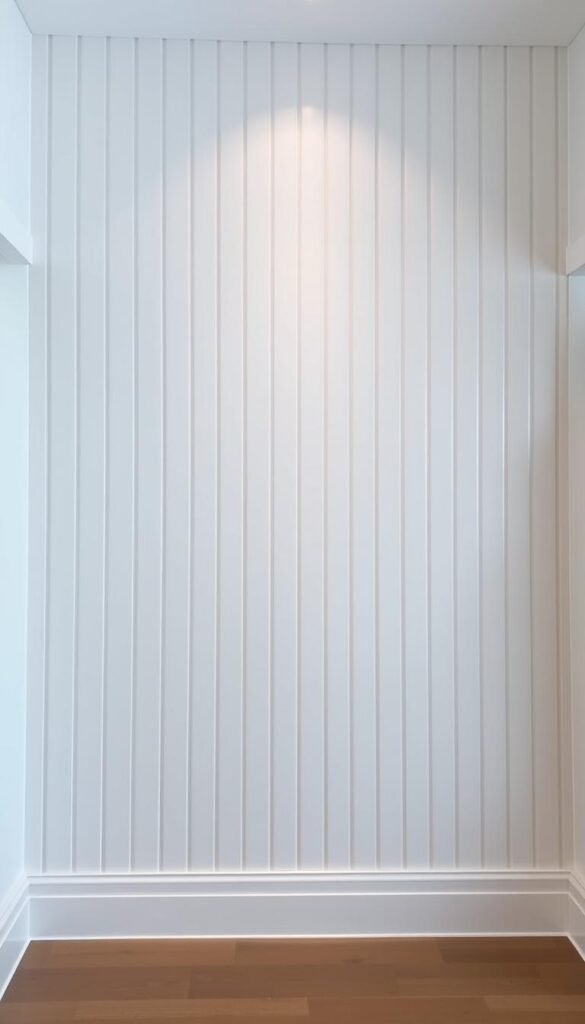 A modern, well-lit interior with a stunning focal point - a crisp, clean board and batten wall paneling system. The boards are evenly spaced, with a subtle texture and a soft, matte finish that catches the light. The battens are sharp, accentuating the clean lines and creating an elegant, understated design. The lighting is carefully positioned to illuminate the paneling, casting gentle shadows that add depth and dimension. The surrounding walls are a neutral, complementary color, allowing the paneling to take center stage. The overall atmosphere is one of refined simplicity, showcasing the beauty and versatility of this timeless wall treatment.