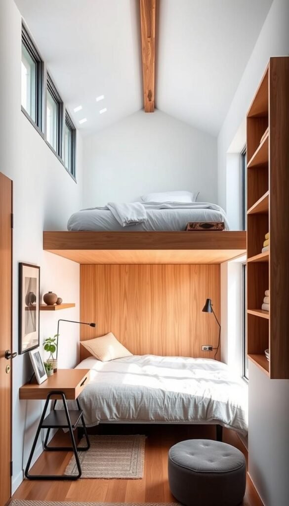 A modern, well-lit loft bedroom arrangement featuring a raised platform bed that maximizes vertical space. The bed is surrounded by floating shelves, a minimalist desk, and a cozy reading nook below. Warm wood tones contrast with white walls, creating a harmonious, airy atmosphere. The scene is captured from a slightly elevated perspective, showcasing the efficient use of the limited floor area. Soft, diffused lighting from large windows illuminates the space, emphasizing the clean, contemporary design.