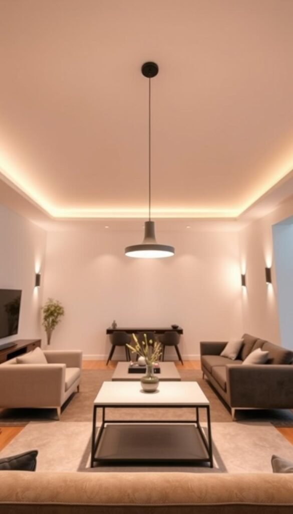 A modern, well-lit open-concept living room with distinct zones defined by the strategic placement of various lighting fixtures. In the foreground, a warm, ambient glow emanates from a sleek, recessed ceiling-mounted lighting system, casting a cozy, inviting atmosphere. In the middle ground, a pendant light with a minimalist design hovers over a stylish coffee table, providing a focal point and subtle task lighting. The background features discreet wall sconces that create a soft, diffused illumination, accentuating the architectural details and adding depth to the space. The overall lighting scheme strikes a harmonious balance between functionality and aesthetic appeal, seamlessly integrating with the open, airy design of the room to define the space and set the desired mood.