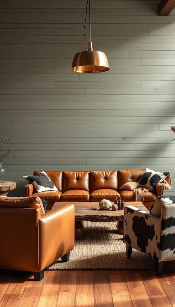 A modern western color palette, dominated by earthy tones and warm neutrals. In the foreground, a sleek leather sofa in a rich caramel hue, complemented by a pair of cowhide-upholstered armchairs. The middle ground features a rustic wooden coffee table, its surface adorned with natural elements like stone and metal accents. In the background, a backdrop of shiplap walls in a soothing sage green, casting a soft, natural glow. Overhead, a minimalist pendant light with a brushed brass finish illuminates the space, creating a cozy and inviting atmosphere. The overall composition blends the rugged charm of the American West with a refined, contemporary aesthetic. A modern western color palette, dominated by earthy tones and warm neutrals. In the foreground, a sleek leather sofa in a rich caramel hue, complemented by a pair of cowhide-upholstered armchairs. The middle ground features a rustic wooden coffee table, its surface adorned with natural elements like stone and metal accents. In the background, a backdrop of shiplap walls in a soothing sage green, casting a soft, natural glow. Overhead, a minimalist pendant light with a brushed brass finish illuminates the space, creating a cozy and inviting atmosphere. The overall composition blends the rugged charm of the American West with a refined, contemporary aesthetic.