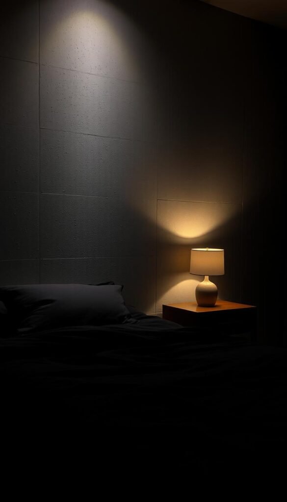 A moody, dimly lit bedroom scene featuring a textured, monochrome wall as the focal point. The wall has a subtle, gritty pattern that creates depth and visual interest, complementing the earthy tones of the room. In the foreground, a plush, charcoal-colored bedspread and pillows add warmth and softness, while a nightstand with a minimalist lamp casts a warm, diffused glow. The background is shrouded in shadow, emphasizing the textured wall and creating an intimate, cozy atmosphere. The overall scene conveys a sense of understated elegance and a harmonious blend of light and dark tones.