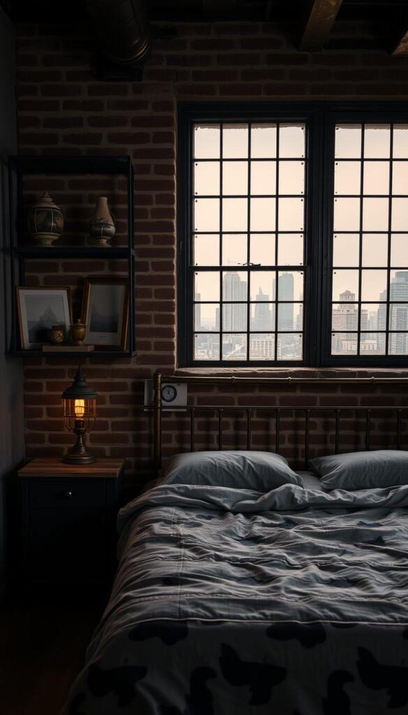 A moody, industrial-style bedroom with a vintage aesthetic. In the foreground, a metal-framed bed with weathered, distressed details. On the nightstands, a pair of antique lamps with warm, incandescent bulbs casting a soft glow. The middle ground features an exposed brick wall, accented with metal shelving displaying aged decor pieces. In the background, a large window with metal-framed panes overlooks an urban skyline, providing a dramatic, cityscape view. The overall atmosphere is one of rustic, masculine charm, blending modern and vintage elements for an edgy, urban sensibility.