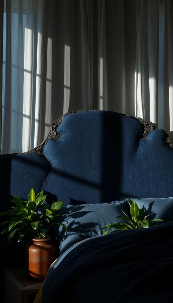 A moody, midnight-blue headboard with natural, weathered textures dominates the frame, casting dramatic shadows across the scene. Soft, diffused lighting filters through sheer curtains, creating a serene, atmospheric ambiance. The headboard's organic, irregular form is accentuated by its unique surface patterns, which resemble gnarled wood or cracked stone. Lush, verdant plants in earthy ceramic pots flank the headboard, adding pops of vibrant green and grounding the composition in nature. The overall mood is one of calming, contemplative elegance, perfectly suited to a cozy, modern bedroom sanctuary.