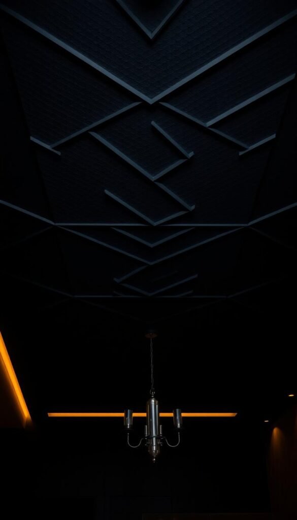 A moody, modern ceiling design with a dramatic, elegant ambiance. A dark, textured backdrop creates a somber, atmospheric mood, punctuated by subtle, warm lighting that casts a hazy, chiaroscuro effect across the space. Intricate geometric patterns and angular shapes in shades of charcoal, obsidian, and midnight blue weave an captivating, abstract composition that draws the eye upward, commanding attention as the "fifth wall." The lighting is low and indirect, creating deep shadows and highlights that lend depth and dimension to the design, evoking a sense of mystery and sophistication.